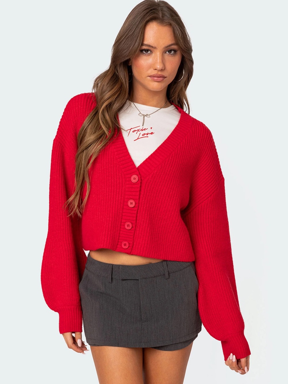 Edikted Sabrina Chunky Knit Cropped Cardigan Red
